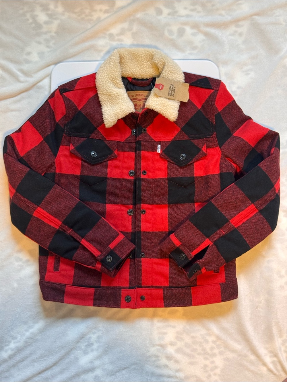 Levi's Red and Black Buffalo Plaid Sherpa Collar Trucker Jacket